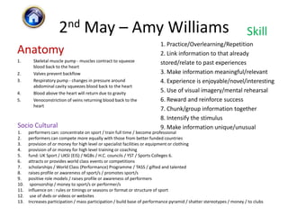2nd May – Amy Williams                                                                           Skill
                                                                          1. Practice/Overlearning/Repetition
Anatomy                                                                   2. Link information to that already
1.      Skeletal muscle pump - muscles contract to squeeze                stored/relate to past experiences
        blood back to the heart
2.      Valves prevent backflow                                           3. Make information meaningful/relevant
3.      Respiratory pump - changes in pressure around                     4. Experience is enjoyable/novel/interesting
        abdominal cavity squeezes blood back to the heart
4.      Blood above the heart will return due to gravity
                                                                          5. Use of visual imagery/mental rehearsal
5.      Venoconstriction of veins returning blood back to the             6. Reward and reinforce success
        heart
                                                                          7. Chunk/group information together
                                                                          8. Intensify the stimulus
Socio Cultural                                                            9. Make information unique/unusual
1.    performers can: concentrate on sport / train full time / become professional
2.    performers can compete more equally with those from better funded countries
3.    provision of or money for high level or specialist facilities or equipment or clothing
4.    provision of or money for high level training or coaching
5.    fund: UK Sport / UKSI (EIS) / NGBs / H.C. councils / YST / Sports Colleges 6.
6.    attracts or provides world class events or competitions
7.    scholarships / World Class (Performance) Programme / TASS / gifted and talented
8.    raises profile or awareness of sport/s / promotes sport/s
9.    positive role models / raises profile or awareness of performers
10.    sponsorship / money to sport/s or performer/s
11.   influence on : rules or timings or seasons or format or structure of sport
12.    use of dvds or videos or websites
13.   Increases participation / mass participation / build base of performance pyramid / shatter stereotypes / money / to clubs
 