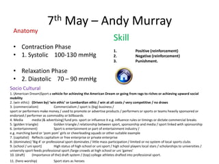 7th May – Andy Murray
  Anatomy
                                                                          Skill
  • Contraction Phase
                                                                          1.              Positive (reinforcement)
  • 1. Systolic 100-130 mmHg                                              2.              Negative (reinforcement)
                                                                          3.              Punishment.

  • Relaxation Phase
  • 2. Diastolic 70 – 90 mmHg
Socio Cultural
1. (American Dream)Sport a vehicle for achieving the American Dream or going from rags to riches or achieving upward social
mobility
2. (win ethic) (Driven by) ‘win ethic’ or Lombardian ethic / win at all costs / very competitive / no draws
3. (commercialism)              Commercialism / sport is (big) business /
sport or performers make money / used to promote or advertise products / performers or sports or teams heavily sponsored or
endorsed / performer as commodity or billboards
4. Media        media (& advertising) fund pro. sport or influence it e.g. influence rules or timings or dictate commercial breaks
5. (golden triangle)            Golden triangle / relationship between sport, sponsorship and media / sport linked with sponsorship
6. (entertainment)              Sport is entertainment or part of entertainment industry /
e.g. marching band or ‘pom pom’ girls or cheerleading squads or other suitable example
7. (capitalist) Reflects capitalism or free enterprise or private enterprise
8. (dominates) ‘Big 4’ or professional sport dominates / little mass participation / limited or no system of local sports clubs
9. (school / uni sport)         High status of high school or uni sport / high school players local stars / scholarships to universities /
university sport feeds professional sport /large crowds at high school or uni ‘games’
10. (draft)     (Importance of the) draft system / (top) college athletes drafted into professional sport.
11. (hero worship)             Sport stars as heroes
 