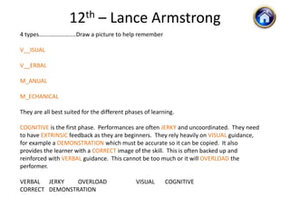 12th – Lance Armstrong
4 types.......................Draw a picture to help remember

V__ISUAL

V__ERBAL

M_ANUAL

M_ECHANICAL

They are all best suited for the different phases of learning.

COGNITIVE is the first phase. Performances are often JERKY and uncoordinated. They need
to have EXTRINSIC feedback as they are beginners. They rely heavily on VISUAL guidance,
for example a DEMONSTRATION which must be accurate so it can be copied. It also
provides the learner with a CORRECT image of the skill. This is often backed up and
reinforced with VERBAL guidance. This cannot be too much or it will OVERLOAD the
performer.

VERBAL JERKY    OVERLOAD                         VISUAL         COGNITIVE
CORRECT DEMONSTRATION
 