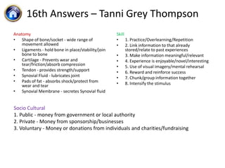 16th Answers – Tanni Grey Thompson
Anatomy                                           Skill
• Shape of bone/socket - wide range of            • 1. Practice/Overlearning/Repetition
    movement allowed                              • 2. Link information to that already
• Ligaments - hold bone in place/stability/join         stored/relate to past experiences
    bone to bone                                  • 3. Make information meaningful/relevant
• Cartilage - Prevents wear and                   • 4. Experience is enjoyable/novel/interesting
    tear/friction/absorb compression              • 5. Use of visual imagery/mental rehearsal
• Tendon - provides strength/support              • 6. Reward and reinforce success
• Synovial Fluid - lubricates joint               • 7. Chunk/group information together
• Pads of fat - absorbs shock/protect from        • 8. Intensify the stimulus
    wear and tear
• Synovial Membrane - secretes Synovial fluid


Socio Cultural
1. Public - money from government or local authority
2. Private - Money from sponsorship/businesses
3. Voluntary - Money or donations from individuals and charities/fundraising
 