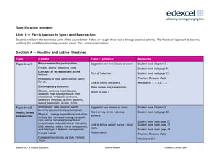 Specification content
Unit 1 — Participation in Sport and Recreation
Students will learn the theoretical parts of the course better if they are taught these topics through practical activity. This ‘hands-on’ approach to learning
will help the candidates when they come to answer their written examination.


Section A — Healthy and Active lifestyles
Topic                 Content                                      T and L guidance                       Resources
Topic Area 1          Requirements for participation:              Suggested one-two lessons to cover.    Student book Chapter 1.
                      Fitness, ability, resources, time.                                                  Student book task page 5 .
                      Concepts of recreation and active
                                                                   Part of induction.                     Student book task page 12.
                      leisure:
                      Philosophy of mass participation, sport                                             Teachers Resource Pack.
                      for all.                                     Link to family and peers.              Worksheets 1.1, 1.2, 1.3 .
                      Contemporary concerns:                       Press review and presentation.
                      Obesity, coronary heart disease,             Detail in area 2.
                      diabetes, high blood pressure, high
                      cholesterol, metabolic syndrome,
                      sedentary lifestyles, activity patterns,
                      ageing population, access, stress.
Topic Area 2          Differences, links, positive health          Suggested two lessons to cover.        Student book Chapter 2.
                      benefits (physical and psychological).
Health, fitness                                                    Work on key terms – develop            Student book task page 22.
                      Physical – (energy expenditure) reduction    glossary.
and exercise:         in body fat; increased resting metabolic
                      rate and/or increased proportion of                                                 Student book tasks page 27.
                      muscle mass; reduced rates of mortality,
                                                                   Link to Active people survey – local   Student book tasks page 37.
                      CHD, obesity, reduce risk of osteoporosis,
                                                                   stats.
                      and help type II diabetes management.                                               Student book tasks page 39.
                      Current trends.                              Project work.
                                                                                                          Teachers Resource Pack.
                      Comparative cultures, eg USA, Finland,                                              Worksheet 2.1.
                      Japan.

Edexcel GCE in Physical Education                                              Scheme of work                                   © Edexcel Limited 2009            1
 