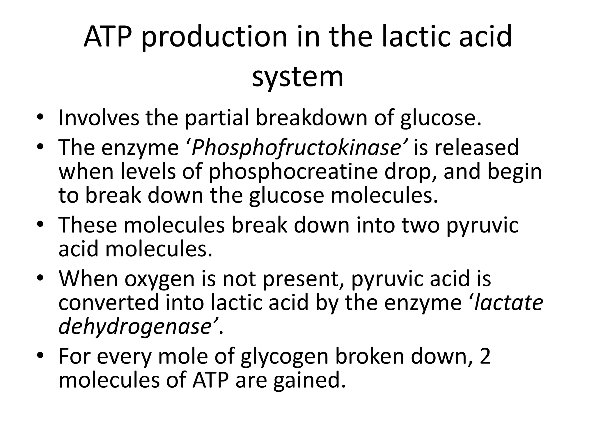 ATP production in the lactic acid
                system
• Involves the partial breakdown of glucose.
• The enzyme ‘Phosphofructokinase’ is released
  when levels of phosphocreatine drop, and begin
  to break down the glucose molecules.
• These molecules break down into two pyruvic
  acid molecules.
• When oxygen is not present, pyruvic acid is
  converted into lactic acid by the enzyme ‘lactate
  dehydrogenase’.
• For every mole of glycogen broken down, 2
  molecules of ATP are gained.
 