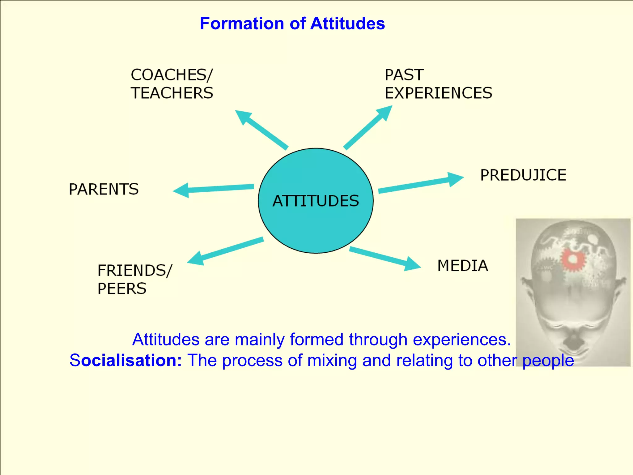 Formation of AttitudesAttitudes are mainly formed through experiences.Socialisation: The process of mixing and relating to other people