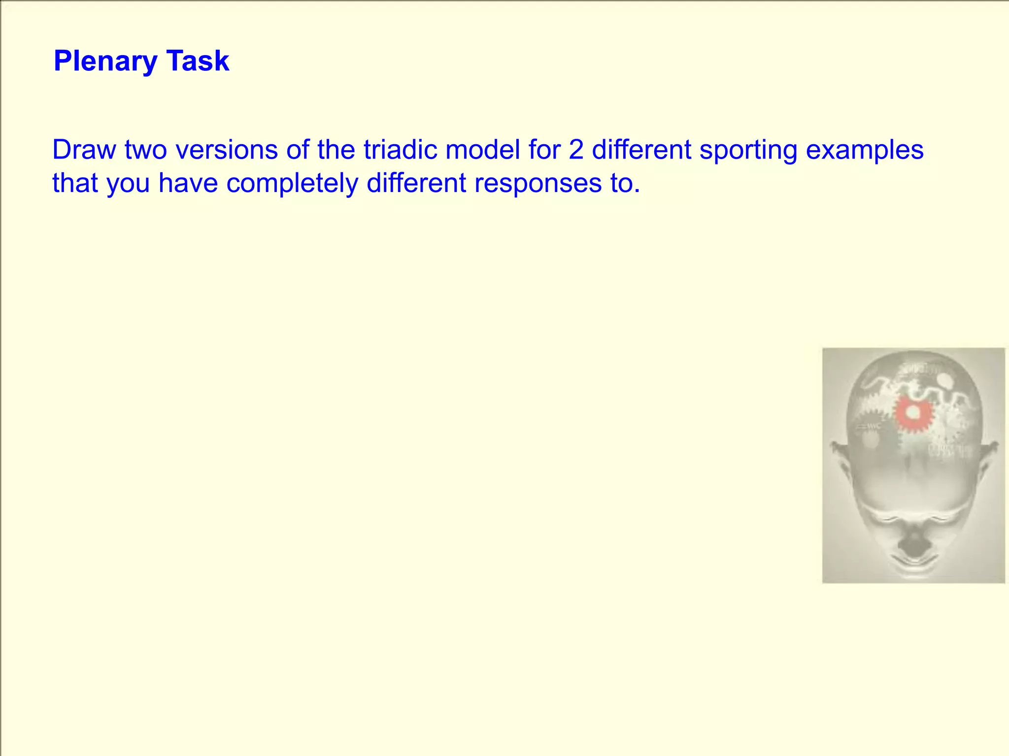 Plenary TaskDraw two versions of the triadic model for 2 different sporting examples that you have completely different responses to.