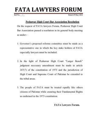 Peshawar High Court Bar Association Resolution on FATA (May 2014)