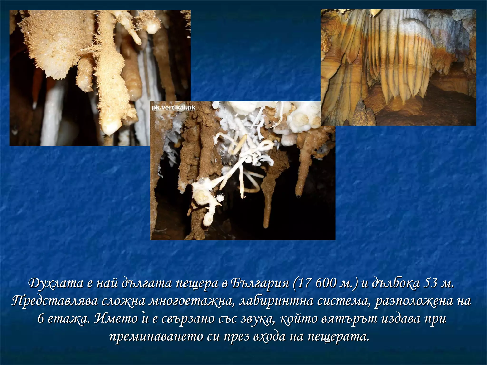 Духлата е най дългата пещера в България (17 600 м.) и дълбока 53 м. Представлява сложна многоетажна, лабиринтна система, разположена на 6 етажа. Името ѝ е свързано със звука, който вятърът издава при преминаването си през входа на пещерата.  