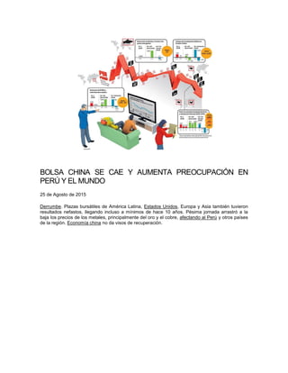 BOLSA CHINA SE CAE Y AUMENTA PREOCUPACIÓN EN
PERÚ Y EL MUNDO
25 de Agosto de 2015
Derrumbe. Plazas bursátiles de América Latina, Estados Unidos, Europa y Asia también tuvieron
resultados nefastos, llegando incluso a mínimos de hace 10 años. Pésima jornada arrastró a la
baja los precios de los metales, principalmente del oro y el cobre, afectando al Perú y otros países
de la región. Economía china no da visos de recuperación.
 