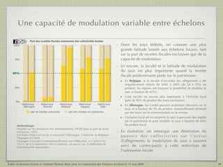 Une capacité de modulation variable entre échelons
           Public
           Evaluation
           System             Part des recettes fiscales autonomes des collectivités locales
                                                                                                                - Dans les pays fédérés, on constate une plus
           Agence française
           de notation



    100%
                                                                                                                  grande latitude laissée aux échelons locaux, tant
                                                                                                                  sur la part de recettes ﬁscales exclusives que de la
     75%                                                                                                          capacité de modulation.
                                                                                                                - Ici encore, la faculté et la latitude de modulation
                                                                                                                  du taux est plus importante quand la recette
   50%
    50%
                                                                                                                  ﬁscale prédominante porte sur le patrimoine.
                                                                                                                  ‣ En Belgique, si la faculté d’accorder des allégements a été
                                                                                                                      singulièrement réduite de 2002 à 2005 (de 64 à 21% du
     25%                                                                                                              produit), les régions ont toujours la possibilité de moduler le
                                                                                                                      taux (à hauteur de 44%).
                                                                                                                  ‣   Cette faculté est encore plus importante à l’échelon local
      0%
                                                                                                                      (près de 90% du produit des taxes exclusives).
           fédéré local             .   fédéré local   .   fédéré local   .   fédéré local   .   fédéré local
             Allemagne                    Autriche           Belgique           Espagne            Italie         ‣   En Allemagne, les Länder peuvent seulement intervenir sur le
                                                                                                                      taux, et à hauteur de 3% du produit, essentiellement alimenté
                              part de recettes autonomes           part des recettes non autonomes                    par des taxes sur la consommation ou le revenu.
                                                                                                                  ‣   L’échelon local est en revanche le seul à percevoir des impôts
                                                                                                                      sur le patrimoine et peut moduler le taux à hauteur de 60%
       Méthodologie:                                                                                                  du produit ﬁscal.
       Enquête sur les ressources des administrations, OCDE pour la part de taxes
       exclusives, 2005.                                                                                        - En évolution, on remarque une                  diminution du
       L’échelon fédéré est exclu: il concerne l’Allemagne, l’Autriche, la Belgique
       l’Espagne et l’Italie
                                                                                                                  pouvoir des collectivités                      sur l’octroi
       L’Espagne n’est pas constitutionnellement une Fédération. (c-f article Art.                                d’allégements; la modulation du               taux a souvent
       145.1. de la Constitution «On n´admettra, en aucun cas, la fédération de
       Communautés autonomes.»                                                                                    servi de contre-partie à cette                 restriction de
                                                                                                                  l’autonomie ﬁscale.


Public Evaluation System et l’Institut Thomas More pour la Commission des Finances du Sénat le 13 mai 2009                                                                              20
 