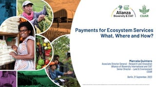 Payments for Ecosystem Services
What, Where and How?
Marcela Quintero
Associate Director General – Research and Innovation
Alliance of Bioversity International and CIAT
Senior Director – Land & Environment
CGIAR
Berlin, 21 September, 2023
 