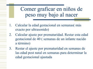 Comer graficar en niños de peso muy bajo al nacer Calcular la edad gestacional en semanas( más exacto por ultrasonido) Calcular ajuste por prematuridad. Restar esta edad gestacional de 40 ( semanas de un infante nacido  a término) Restar el ajuste por prematuridad en semanas de las edad post natal en semanas para determinar la edad gestacional ajustada 
