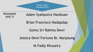 Kelompok
AHLI 4
Adam Syahputra Hasibuan
Brian Francisco Nadapdap
Gomu Sri Rahma Dewi
Jessica Dewi Fortuna Br. Marpaung
M.Fadly Khusairy
TUGAS 1 DAN 2
HALAMAN 28-29
 