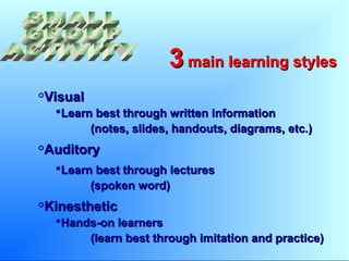 33 main learning stylesmain learning styles

VisualVisual
Learn best through written informationLearn best through written information
(notes, slides, handouts, diagrams, etc.)(notes, slides, handouts, diagrams, etc.)

AuditoryAuditory
Learn best through lecturesLearn best through lectures
(spoken word)(spoken word)

KinestheticKinesthetic
Hands-on learnersHands-on learners
(learn best through imitation and practice)(learn best through imitation and practice)
 