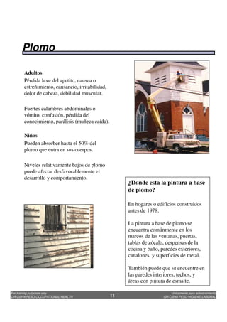 Unicamente para adiestramiento
OR-OSHA PESO HIGIENE LABORAL
For training purposes only
OR-OSHA PESO OCCUPATIONAL HEALTH 11
Adultos
Pérdida leve del apetito, nausea o
estreñimiento, cansancio, irritabilidad,
dolor de cabeza, debilidad muscular.
Fuertes calambres abdominales o
vómito, confusión, pérdida del
conocimiento, parálisis (muñeca caída).
Niños
Pueden absorber hasta el 50% del
plomo que entra en sus cuerpos.
Niveles relativamente bajos de plomo
puede afectar desfavorablemente el
desarrollo y comportamiento.
¿Donde esta la pintura a base
de plomo?
En hogares o edificios construidos
antes de 1978.
La pintura a base de plomo se
encuentra comúnmente en los
marcos de las ventanas, puertas,
tablas de zócalo, despensas de la
cocina y baño, paredes exteriores,
canalones, y superficies de metal.
También puede que se encuentre en
las paredes interiores, techos, y
áreas con pintura de esmalte.
Plomo
 
