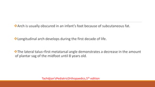 Arch is usually obscured in an infant’s foot because of subcutaneous fat.
Longitudinal arch develops during the first decade of life.
The lateral talus–first metatarsal angle demonstrates a decrease in the amount
of plantar sag of the midfoot until 8 years old.
Tachdjian’sPediatricOrthopaedics,5th edition
 