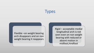 Types
Flexible –on weight bearing
arch disappears and on non
weight bearing it reappears
Rigid – acceptable medial
longitudinal arch is not
seen even on non weight
bearing with reduced or
absent motion in
midfoot,hindfoot
 