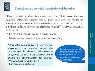 Emergênciadoconceitodetrabalhocolaborativo
“Esse conceito ganhou força nos anos de 1990, associado aos
desafios enfrentados pelas escolas para lidar com as mudanças
sociais, políticas, econômicas e culturais que se passavam no mundo
e tinham reflexos diretos na dinâmica escolar” (PASSOS, ANDRÉ,
2016, p. 11)
• Democratização do acesso à escolarização;
• Mudanças tecnológicas (massa de informações)
Consequentemente, foi
necessário, com o passar
do tempo, realizar
pesquisas envolvendo
essa temática.
“O trabalho colaborativo, nesse contexto,
surge como um caminho ou resposta
para escapar da cultura individualista na
direção de compromissos coletivos com o
ensino e a aprendizagem dos alunos.”
(PASSOS, ANDRÉ, 2016, p. 17)
- Formação em contexto
JeannyMeiryS.SilvaeKarineR.
Ramos
 