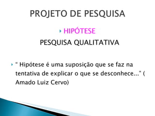 HIPÓTESE   PESQUISA QUALITATIVA “  Hipótese é uma suposição que se faz na  tentativa de explicar o que se desconhece...” ( Amado Luiz Cervo) 