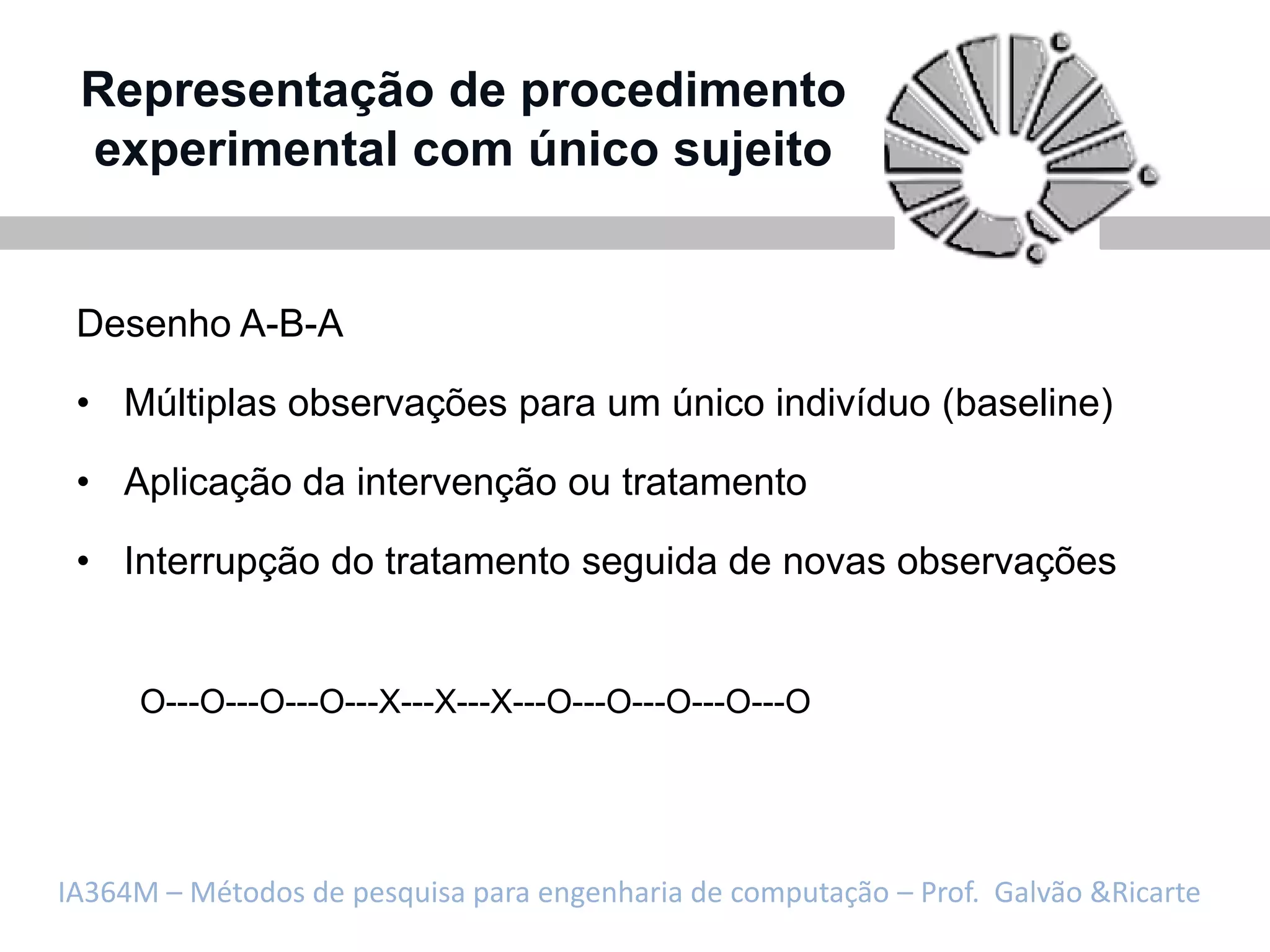 Representação de procedimento
 experimental com único sujeito


 Desenho A-B-A

 • Múltiplas observações para um único indivíduo (baseline)

 • Aplicação da intervenção ou tratamento

 • Interrupção do tratamento seguida de novas observações


     O---O---O---O---X---X---X---O---O---O---O---O




IA364M – Métodos de pesquisa para engenharia de computação – Prof. Galvão &Ricarte
 