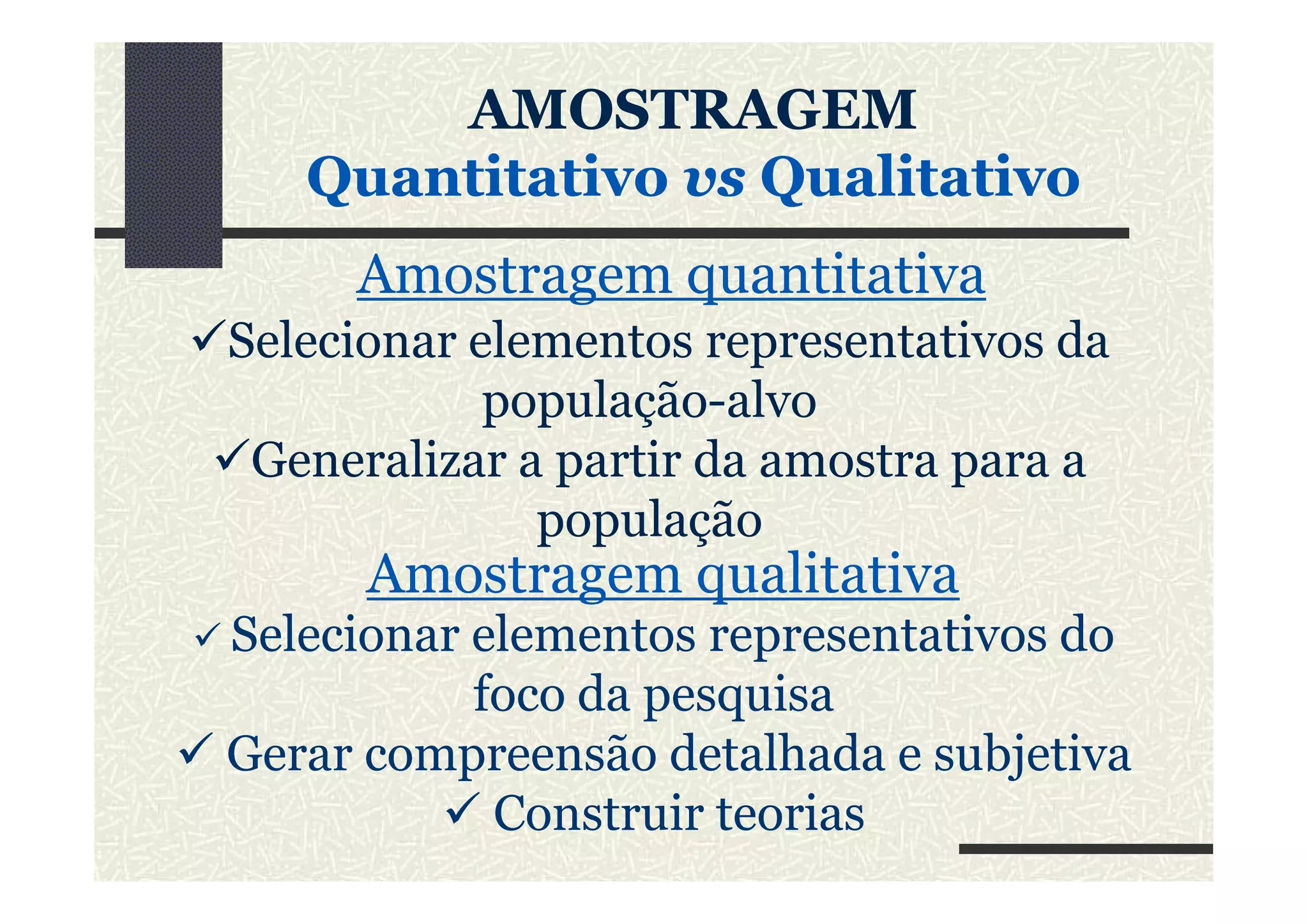Selecionar elementos representativos da
população-alvo
Generalizar a partir da amostra para a
Amostragem quantitativa
AMOSTRAGEMAMOSTRAGEM
QuantitativoQuantitativo vsvs QualitativoQualitativo
Generalizar a partir da amostra para a
população
Selecionar elementos representativos do
foco da pesquisa
Gerar compreensão detalhada e subjetiva
Construir teorias
Amostragem qualitativa
 
