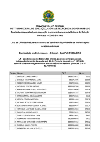 SERVIÇO PÚBLICO FEDERAL
INSTITUTO FEDERAL DE EDUCAÇÃO, CIÊNCIA E TECNOLOGIA DE PERNAMBUCO
Comissão responsável pela execução e acompanhamento do Sistema de Seleção
Unificada – COMSiSU 2015
Lista de Convocados para assinatura de confirmação presencial de interessa pela
ocupação da vaga
Bacharelado em Enfermagem – Integral – CAMPUS PESQUEIRA
L4 - Candidatos autodeclarados pretos, pardos ou indígenas que,
independentemente da renda (art. 14, II, Portaria Normativa nº 18/2012),
tenham cursado integralmente o ensino médio em escolas públicas (Lei nº
12.711/2012).
Ordem Nome CPF Nota
1 DEIVISON CORREIA PRATES 14780120721 602.9
2 DANIELLY LUANY PEREIRA LEITE 9851713406 600.08
3 REBEKA MENEZES LUZ DE SOUZA 9917290486 593.56
4 JAQUELINE PEREIRA DA SILVA 44951547880 586.08
5 KARINE ROSYANE GOMES POSSIDONIO 96210109500 576.16
6 VICTORIA DE FATIMA AQUILINO MOTA 12176445473 567.46
7 SAMARA MARIA DE JESUS VERAS 8439749406 565.0
8 VENICIA CONCEICAO SOUZA 8939811410 556.52
9 ANTONIO ACEILDO DE MELO SILVA 9287259445 553.94
10 EDUARDO ANTONIO DE LIMA BEZERRA 8322329474 551.24
11 HENRIQUE SANTOS DE OLIVEIRA MELO 11380860458 548.36
12 GABRIELLA MORAIS ABREU 5598124181 547.66
13 TIAGO JOSE MENDES DE LIMA 7438274497 543.0
14 ALEXANDRE FERREIRA GOMES 68033990449 541.2
15 MAYARA DO CARMO DE SOUZA FRAZAO 10880843462 540.32
16 RIDGELLY SOARES PEREIRA 10389453480 538.48
17 ALEXANDRA MILLANI SILVA TELES 11475414420 530.48
 