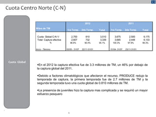 Cuota Centro Norte (C-N)

                                                                2012                                 2011

                    Miles de TM
                                              1ra Temp.       2da Temp.     Total   1ra Temp.      2da Temp.     Total

                     Cuota Global C-N 1/           2,700         810        3,510       3,675         2,500      6,175
                     Total Captura efectiva        2,607         732        3,339       3,685         2,448      6,133
                                   %               96.6%        90.4%       95.1%     100.3%         97.9%       99.3%


                    Inicio - Término          02/05 - 31/07   22/11-31/01           01/04- 31/07   23/11-31/01




     Cuota Global
                     En el 2012 la captura efectiva fue de 3.3 millones de TM, un 46% por debajo de
                     la captura global del 2011.

                     Debido a factores climatológicos que afectaron el recurso, PRODUCE redujo la
                     temporada de captura, la primera temporada fue de 2.7 millones de TM y la
                     segunda temporada tuvo una cuota global de 0.810 millones de TM.

                     La presencia de juveniles hizo la captura mas complicada y se requirió un mayor
                     esfuerzo pesquero




¹
                                               4
 
