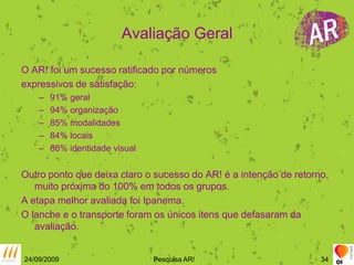 Avaliação GeralO AR! foi um sucesso ratificado por números expressivos de satisfação:91% geral94% organização85% modalidades84% locais86% identidade visualOutro ponto que deixa claro o sucesso do AR! é a intenção de retorno, muito próxima do 100% em todos os grupos.A etapa melhor avaliada foi Ipanema.O lanche e o transporte foram os únicos itens que defasaram da avaliação.24/09/2009Pesquisa AR!34
