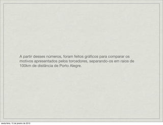 A partir desses números, foram feitos gráﬁcos para comparar os
                     motivos apresentados pelos torcedores, separando-os em raios de
                     100km de distância de Porto Alegre.




sexta-feira, 15 de janeiro de 2010
 