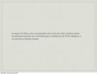 A seguir foi feita uma comparação dos motivos mais citados pelos
                     torcedores levando em consideração a distância de Porto Alegre e o
                     cruzamento desses dados.




sexta-feira, 15 de janeiro de 2010
 