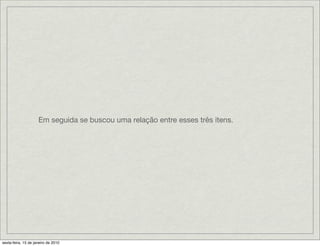 Em seguida se buscou uma relação entre esses três itens.




sexta-feira, 15 de janeiro de 2010
 