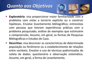 Quanto aos ObjetivosExploratória: visa proporcionar maior familiaridade com o problema com vistas a torná-lo explícito ou a construir hipóteses. Envolve levantamento bibliográfico; entrevistas com pessoas que tiveram experiências práticas com o problema pesquisado; análise de exemplos que estimulem a compreensão. Assume, em geral, as formas de Pesquisas Bibliográficas e Estudos de Caso.Descritiva: visa descrever as características de determinada população ou fenômeno ou o estabelecimento de relações entre variáveis. Envolve o uso de técnicas padronizadas de coleta de dados: questionário e observação sistemática. Assume, em geral, a forma de Levantamento.