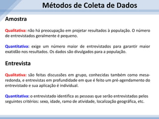 Coleta de Dados: O pesquisador é o instrumento de coleta dos dados. Neste sentido, um estudo-piloto (prévio, informal) se faz necessário, pois a prática é decisiva para uma boa coleta.