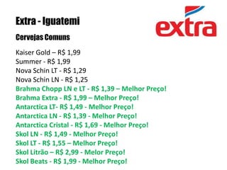 Extra - IguatemiCervejas ComunsKaiser Gold – R$ 1,99Summer - R$ 1,99 Nova Schin LT - R$ 1,29 Nova Schin LN - R$ 1,25 Brahma Chopp LN e LT - R$ 1,39 – Melhor Preço!Brahma Extra - R$ 1,99 – Melhor Preço!Antarctica LT- R$ 1,49 - Melhor Preço! Antarctica LN - R$ 1,39 - Melhor Preço!Antarctica Cristal - R$ 1,69 - Melhor Preço!Skol LN - R$ 1,49 - Melhor Preço! Skol LT - R$ 1,55 – Melhor Preço!Skol Litrão – R$ 2,99 - Melor Preço!Skol Beats - R$ 1,99 - Melhor Preço! 