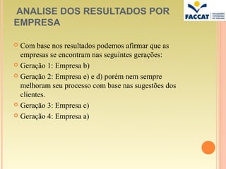 ANALISE DOS RESULTADOS POR
EMPRESA

 Com base nos resultados podemos afirmar que as
  empresas se encontram nas seguintes gerações:
 Geração 1: Empresa b)

 Geração 2: Empresa e) e d) porém nem sempre
  melhoram seu processo com base nas sugestões dos
  clientes.
 Geração 3: Empresa c)

 Geração 4: Empresa a)
 