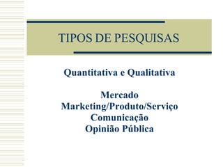 TIPOS DE PESQUISAS Quantitativa e Qualitativa Mercado Marketing/Produto/Serviço Comunicação Opinião Pública 