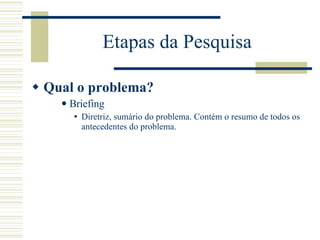 Etapas da Pesquisa Qual o problema? Briefing Diretriz, sumário do problema. Contém o resumo de todos os antecedentes do problema. 