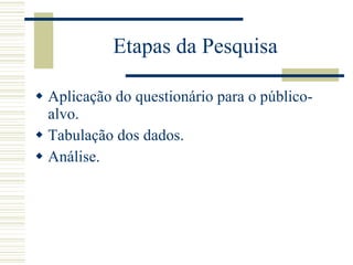 Etapas da Pesquisa Aplicação do questionário para o público-alvo. Tabulação dos dados. Análise. 