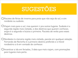 SUGESTÕES
Pacotes de férias de inverno para praia que não seja do sul, e sim
nordeste ou sudeste.
Viajam mais para o sul, mas querem ir pra outros lugares. Sudeste é a
segunda região mais visitada, e dos destinos que querem conhecer,
angra é o segundo e búzios o primeiro. Pacotes de verão para esses
destinos.
Nordeste é a terceira região mais visitada, pacote em qualquer estação.
Fernando de Noronha é o primeiro destino preferido e o litoral
nordestino o 6 em vontade de conhecer.
Incentivar a ida em feriados, 3 data que mais viajam, com promoções
para lugares mais perto.
 