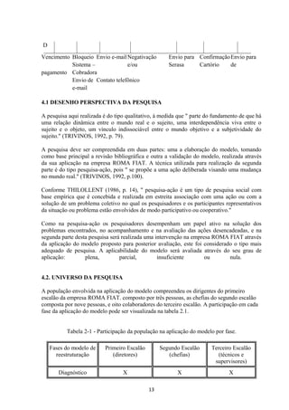 D
Vencimento Bloqueio Envio e-mailNegativação Envio para ConfirmaçãoEnvio para
Sistema – e/ou Serasa Cartório de
pagamento Cobradora
Envio de Contato telefônico
e-mail
4.1 DESENHO PERSPECTIVA DA PESQUISA
A pesquisa aqui realizada é do tipo qualitativo, à medida que " parte do fundamento de que há
uma relação dinâmica entre o mundo real e o sujeito, uma interdependência viva entre o
sujeito e o objeto, um vínculo indissociável entre o mundo objetivo e a subjetividade do
sujeito." (TRIVINOS, 1992, p. 79).
A pesquisa deve ser compreendida em duas partes: uma a elaboração do modelo, tomando
como base principal a revisão bibliográfica e outra a validação do modelo, realizada através
da sua aplicação na empresa ROMA FIAT. A técnica utilizada para realização da segunda
parte é do tipo pesquisa-ação, pois " se propõe a uma ação deliberada visando uma mudança
no mundo real." (TRIVINOS, 1992, p.100).
Conforme THILOLLENT (1986, p. 14), " pesquisa-ação é um tipo de pesquisa social com
base empírica que é concebida e realizada em estreita associação com uma ação ou com a
solução de um problema coletivo no qual os pesquisadores e os participantes representativos
da situação ou problema estão envolvidos de modo participativo ou cooperativo."
Como na pesquisa-ação os pesquisadores desempenham um papel ativo na solução dos
problemas encontrados, no acompanhamento e na avaliação das ações desencadeadas, e na
segunda parte desta pesquisa será realizada uma intervenção na empresa ROMA FIAT através
da aplicação do modelo proposto para posterior avaliação, este foi considerado o tipo mais
adequado de pesquisa. A aplicabilidade do modelo será avaliada através do seu grau de
aplicação: plena, parcial, insuficiente ou nula.
4.2. UNIVERSO DA PESQUISA
A população envolvida na aplicação do modelo compreendeu os dirigentes do primeiro
escalão da empresa ROMA FIAT. composto por três pessoas, as chefias do segundo escalão
composta por nove pessoas, e oito colaboradores do terceiro escalão. A participação em cada
fase da aplicação do modelo pode ser visualizada na tabela 2.1.
Tabela 2-1 - Participação da população na aplicação do modelo por fase.
Fases do modelo de
reestruturação
Primeiro Escalão
(diretores)
Segundo Escalão
(chefias)
Terceiro Escalão
(técnicos e
supervisores)
Diagnóstico X X X
13
 