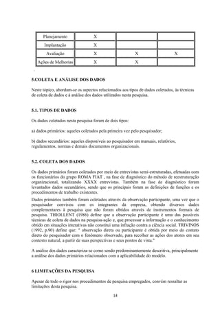 Planejamento X
Implantação X
Avaliação X X X
Ações de Melhorias X X
.
5.COLETA E ANÁLISE DOS DADOS
Neste tópico, abordam-se os aspectos relacionados aos tipos de dados coletados, às técnicas
de coleta de dados e à análise dos dados utilizados nesta pesquisa.
5.1. TIPOS DE DADOS
Os dados coletados nesta pesquisa foram de dois tipos:
a) dados primários: aqueles coletados pela primeira vez pelo pesquisador;
b) dados secundários: aqueles disponíveis ao pesquisador em manuais, relatórios,
regulamentos, normas e demais documentos organizacionais.
5.2. COLETA DOS DADOS
Os dados primários foram coletados por meio de entrevistas semi-estruturadas, efetuadas com
os funcionários do grupo ROMA FIAT , na fase de diagnóstico do método de reestruturação
organizacional, totalizando XXXX entrevistas. Também na fase de diagnóstico foram
levantados dados secundários, sendo que os principais foram as definições de funções e os
procedimentos de trabalho existentes.
Dados primários também foram coletados através da observação participante, uma vez que o
pesquisador conviveu com os integrantes da empresa, obtendo diversos dados
complementares à pesquisa que não foram obtidos através de instrumentos formais de
pesquisa. THIOLLENT (1986) define que a observação participante é uma das possíveis
técnicas de coleta de dados na pesquisa-ação e, que processar a informação e o conhecimento
obtido em situações interativas não constitui uma infração contra a ciência social. TRIVINOS
(1992, p.90) define que: " observação direta ou participante é obtida por meio do contato
direto do pesquisador com o fenômeno observado, para recolher as ações dos atores em seu
contexto natural, a partir de suas perspectivas e seus pontos de vista."
A análise dos dados caracteriza-se como sendo predominantemente descritiva, principalmente
a análise dos dados primários relacionados com a aplicabilidade do modelo.
6 LIMITAÇÕES DA PESQUISA
Apesar de todo o rigor nos procedimentos de pesquisa empregados, convém ressaltar as
limitações desta pesquisa.
14
 
