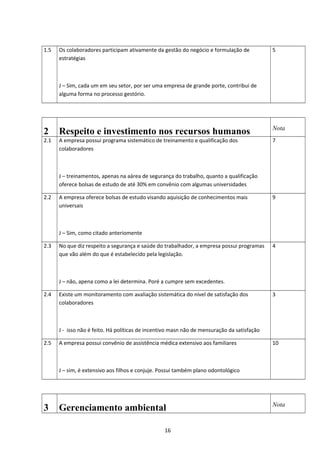1.5 Os colaboradores participam ativamente da gestão do negócio e formulação de
estratégias
J – Sim, cada um em seu setor, por ser uma empresa de grande porte, contribui de
alguma forma no processo gestório.
5
2 Respeito e investimento nos recursos humanos Nota
2.1 A empresa possui programa sistemático de treinamento e qualificação dos
colaboradores
J – treinamentos, apenas na aárea de segurança do trabalho, quanto a qualificação
oferece bolsas de estudo de até 30% em convênio com algumas universidades
7
2.2 A empresa oferece bolsas de estudo visando aquisição de conhecimentos mais
universais
J – Sim, como citado anteriomente
9
2.3 No que diz respeito a segurança e saúde do trabalhador, a empresa possui programas
que vão além do que é estabelecido pela legislação.
J – não, apena como a lei determina. Poré a cumpre sem excedentes.
4
2.4 Existe um monitoramento com avaliação sistemática do nível de satisfação dos
colaboradores
J - isso não é feito. Há políticas de incentivo masn não de mensuração da satisfação
3
2.5 A empresa possui convênio de assistência médica extensivo aos familiares
J – sim, é extensivo aos filhos e conjuje. Possui também plano odontológico
10
3 Gerenciamento ambiental Nota
16
 