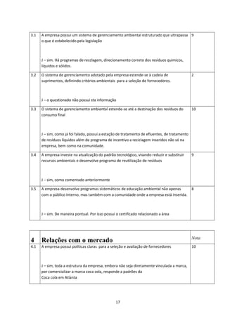 3.1 A empresa possui um sistema de gerenciamento ambiental estruturado que ultrapassa
o que é estabelecido pela legislação
J – sim. Há programas de recclagem, direcionamento correto dos resíduos quimicos,
líquidos e sólidos.
9
3.2 O sistema de gerenciamento adotado pela empresa estende-se à cadeia de
suprimentos, definindo critérios ambientais para a seleção de fornecedores.
J – o questionado não possui sta informação
2
3.3 O sistema de gerenciamento ambiental estende-se até a destinação dos resíduos do
consumo final
J – sim, como já foi falado, possui a estação de tratamento de efluentes, de tratamento
de resíduos líquidos além de programa de incentivo a reciclagem inseridos não só na
empresa, bem como na comunidade.
10
3.4 A empresa investe na atualização do padrão tecnológico, visando reduzir e substituir
recursos ambientais e desenvolve programa de reutilização de resíduos
J – sim, como comentado anteriormente
9
3.5 A empresa desenvolve programas sistemáticos de educação ambiental não apenas
com o público interno, mas também com a comunidade onde a empresa está inserida.
J – sim. De maneira pontual. Por isso possui o certificado relacionado a área
8
4 Relações com o mercado Nota
4.1 A empresa possui políticas claras para a seleção e avaliação de fornecedores
J – sim, toda a estrutura da empresa, embora não seja diretamente vinculada a marca,
por comercializar a marca coca cola, responde a padrões da
Coca cola em Atlanta
10
17
 