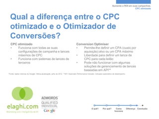 Aumente o ROI em suas campanhas.
                                                                                                                                                  CPC otimizado



  Qual a diferença entre o CPC
  otimizado e o Otimizador de
  Conversões?
  CPC otimizado                                                                    Conversion Optimiser
  •   Funciona com todas as suas                                                   •   Permite-lhe definir um CPA (custo por
      configurações de campanha e lances                                               aquisição) alvo ou um CPA máximo
      máximos de CPC                                                               •   Liberdade para definir um lance de
  •   Funciona com sistemas de lances de                                               CPC para cada leilão
      terceiros                                                                    •   Pode não funcionar com algumas
                                                                                       soluções de gerenciamento de lances
                                                                                       baseadas em API**
*Fonte: dados internos do Google. Última atualização: julho de 2012. **API: Automatic Performance Indicator, indicador automático de desempenho




                                                                                                      O quê?       Por quê?         Como          Diferença   Conclusão
                                                                                                                                  funciona
 