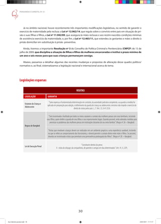 30
PENSANDO O DIREITO, No
51
Já no âmbito nacional, houve recentemente três importantes modificações legislativas, no sentido de garantir o
exercício de maternidade pela reclusa: a Lei nº 12.962/14, que regula sobre o convívio entre pais em situação de pri-
são e suas filhas e filhos, a Lei nº 11.942/09, que assegura às mães reclusas e aos recém-nascidos condições mínimas
de assistência exercício da maternidade, e, por fim, a Lei nº 12.403/11, que estendeu às gestantes e mães o direito à
prisão domiciliar em substituição à prisão preventiva.
Ainda, tivemos a importante Resolução nº 3 do Conselho de Política Criminal e Penitenciária (CNPCP) de 15 de
julho de 2009, que disciplina a situação de filhas e filhos de mulheres encarceradas e institui o prazo mínimo de
um ano e seis meses para que suas crianças permaneçam consigo.
Abaixo, passamos a detalhar algumas das recentes mudanças e propostas de alteração desse quadro político/
normativo e, ao final, sistematizamos a legislação nacional e internacional acerca do tema.
Legislações esparsas	
VISITAS
LEGISLAÇÃO GARANTIA
Estatuto da Criança e
Adolescente
“Salvo expressa e fundamentada determinação em contrário, da autoridade judiciária competente, ou quando a medida for
aplicada em preparação para adoção, o deferimento da guarda de criança ou adolescente a terceiros não impede o exercício do
direito de visitas pelos pais (...)”. (Art. 33, § 4º, ECA)
Regras de Bangkok
“Será incentivado e facilitado por todos os meios razoáveis o contato das mulheres presas com seus familiares, incluindo
seus filhos, quem detêm a guarda de seus filhos e seus representantes legais. Quando possível, serão adotadas medidas para
amenizar os problemas das mulheres presas em instituições distantes de seu meio familiar”. (Regra nº 26 – Bangkok)
“Visitas que envolvam crianças devem ser realizadas em um ambiente propício a uma experiência saudável, incluindo
no que se refere ao comportamento dos funcionários, e deverá permitir o contato direto entre mães e filhos. Se possível,
deverão ser incentivadas visitas que permitam uma permanência prolongada dos filhos”. (Regra nº 28 – Bangkok)
Lei de Execução Penal
“Constituem direitos do preso:
X - visita do cônjuge, da companheira, de parentes e amigos em dias determinados”. (Art. 41, X, LEP).
Ana Gabriela (pronta).indd 30 24/03/2015 17:17:37
 