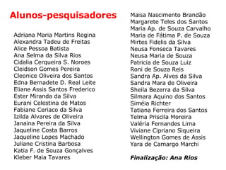 Maisa Nascimento Brandão Margarete Teles dos Santos Maria Ap. de Souza Carvalho Maria de Fátima P. de Souza Mirtes Fidelis da Silva Neusa Fonseca Tavares Neusa Maria de Souza Patricia de Souza Luiz Roni de Souza Reis Sandra Ap. Alves da Silva Sandra Mara de Oliveira Sheila Bezerra da Silva Silmara Aquino dos Santos Siméia Richter Tatiana Ferreira dos Santos Telma Priscila Moreira Valéria Fernandes Lima Viviane Cipriano Siqueira Wellington Gomes de Assis Yara de Camargo Marchi Finalização: Ana Rios Adriana Maria Martins Regina Alexandra Tadeu de Freitas Alice Pessoa Batista Ana Selma da Silva Rios Cidalia Cerqueira S. Noroes Cleidson Gomes Pereira Cleonice Oliveira dos Santos Edna Bernadete D. Real Leite Eliane Assis Santos Frederico Ester Miranda da Silva Eurani Celestina de Matos Fabiane Ceriaco da Silva Izilda Alvares de Oliveira Janaina Pereira da Silva Jaqueline Costa Barros Jaqueline Lopes Machado Juliane Cristina Barbosa Katia F. de Souza Gonçalves Kleber Maia Tavares Alunos-pesquisadores 