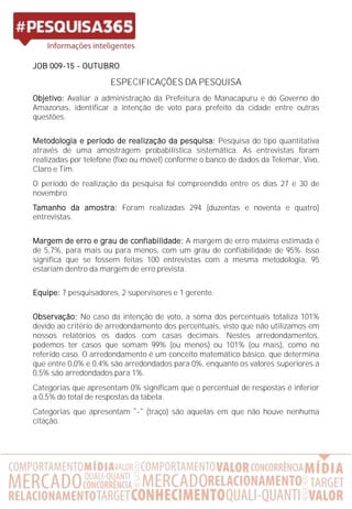 JOB 009-15 - OUTUBRO
ESPECIFICAÇÕES DA PESQUISA
Objetivo: Avaliar a administração da Prefeitura de Manacapuru e do Governo do
Amazonas, identificar a intenção de voto para prefeito da cidade entre outras
questões.
Metodologia e período de realização da pesquisa: Pesquisa do tipo quantitativa
através de uma amostragem probabilística sistemática. As entrevistas foram
realizadas por telefone (fixo ou móvel) conforme o banco de dados da Telemar, Vivo,
Claro e Tim.
O período de realização da pesquisa foi compreendido entre os dias 27 e 30 de
novembro.
Tamanho da amostra: Foram realizadas 294 (duzentas e noventa e quatro)
entrevistas.
Margem de erro e grau de confiabilidade: A margem de erro máxima estimada é
de 5,7%, para mais ou para menos, com um grau de confiabilidade de 95%. Isso
significa que se fossem feitas 100 entrevistas com a mesma metodologia, 95
estariam dentro da margem de erro prevista.
Equipe: 7 pesquisadores, 2 supervisores e 1 gerente.
Observação: No caso da intenção de voto, a soma dos percentuais totaliza 101%
devido ao critério de arredondamento dos percentuais, visto que não utilizamos em
nossos relatórios os dados com casas decimais. Nestes arredondamentos,
podemos ter casos que somam 99% (ou menos) ou 101% (ou mais), como no
referido caso. O arredondamento é um conceito matemático básico, que determina
que entre 0,0% e 0,4% são arredondados para 0%, enquanto os valores superiores a
0,5% são arredondados para 1%.
Categorias que apresentam 0% significam que o percentual de respostas é inferior
a 0,5% do total de respostas da tabela.
Categorias que apresentam - (traço) são aquelas em que não houve nenhuma
citação.
 