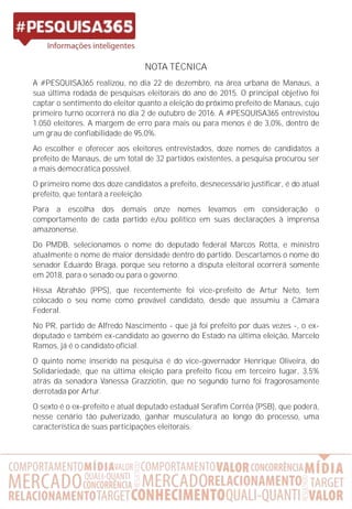 NOTA TÉCNICA
A #PESQUISA365 realizou, no dia 22 de dezembro, na área urbana de Manaus, a
sua última rodada de pesquisas eleitorais do ano de 2015. O principal objetivo foi
captar o sentimento do eleitor quanto a eleição do próximo prefeito de Manaus, cujo
primeiro turno ocorrerá no dia 2 de outubro de 2016. A #PESQUISA365 entrevistou
1.050 eleitores. A margem de erro para mais ou para menos é de 3,0%, dentro de
um grau de confiabilidade de 95,0%.
Ao escolher e oferecer aos eleitores entrevistados, doze nomes de candidatos a
prefeito de Manaus, de um total de 32 partidos existentes, a pesquisa procurou ser
a mais democrática possível.
O primeiro nome dos doze candidatos a prefeito, desnecessário justificar, é do atual
prefeito, que tentará a reeleição.
Para a escolha dos demais onze nomes levamos em consideração o
comportamento de cada partido e ou político em suas declarações à imprensa
amazonense.
Do PMDB, selecionamos o nome do deputado federal Marcos Rotta, e ministro
atualmente o nome de maior densidade dentro do partido. Descartamos o nome do
senador Eduardo Braga, porque seu retorno a disputa eleitoral ocorrerá somente
em 2018, para o senado ou para o governo.
Hissa Abrahão (PPS), que recentemente foi vice-prefeito de Artur Neto, tem
colocado o seu nome como provável candidato, desde que assumiu a Câmara
Federal.
No PR, partido de Alfredo Nascimento - que já foi prefeito por duas vezes -, o ex-
deputado e também ex-candidato ao governo do Estado na última eleição, Marcelo
Ramos, já é o candidato oficial.
O quinto nome inserido na pesquisa é do vice-governador Henrique Oliveira, do
Solidariedade, que na última eleição para prefeito ficou em terceiro lugar, 3,5%
atrás da senadora Vanessa Grazziotin, que no segundo turno foi fragorosamente
derrotada por Artur.
O sexto é o ex-prefeito e atual deputado estadual Serafim Corrêa (PSB), que poderá,
nesse cenário tão pulverizado, ganhar musculatura ao longo do processo, uma
característica de suas participações eleitorais.
 
