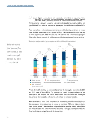 A evolução dos canais: mobile banking consolida crescimento
Seis em cada
dez transações
bancárias já são
realizadas pelo
celular ou pelo
computador
Os canais digitais vêm evoluindo em praticidade, conveniência e segurança. Como
resultado, as transações bancárias registraram crescimento consistente e signifi-
cativo. Em 2018, o grande impulsionador do aumento no número de operações
foi novamente o celular: enquanto o crescimento das transações bancárias em
geral foi de 8%, o salto no número de operações via mobile banking foi de 24%.
Para exemplificar a velocidade de crescimento do mobile banking, o número de transa-
ções por meio desse canal – 31,3 bilhões em 2018 – é praticamente o dobro dos 18,6
bi-lhões registrados em 2016. Naquele ano, pela primeira vez, o número de operações
feitas pelos clientes por meio do celular superou o de transações pelo internet banking.
Evolução das transações bancárias por canal (em bilhões de transações)
8%
12%
18%
73,2
78,9
14%
65,4
31,3
55,7 25,3
18,6
48,8 11,2
4,7
16,2
18,0 17,7
15,5 15,7
9,7 10,9
12,6
7,2 7,8
10,2 10,0
10,2 9,9
9,2
2,3 3,2 4,4 4,0 4,2
5,6 5,9
4,9 4,4 4,0
1,5 1,4 1,4 1,5 1,4
2014 2015 2016 2017 2018
Mobile banking ATM (autoatendimento) Agências bancárias
Internet banking Correspondentes bancários Contact centers
POS (pontos de
venda no comércio)
A fatia do mobile banking na composição do total de transações aumentou de 35%
em 2017 para 40% em 2018. Em conjunto, os canais digitais ampliaram a sua
participação em relação aos canais tradicionais: seis em cada dez transações
bancárias já são realizadas pelo cliente pelo celular ou pelo computador.
Além do mobile, o único canal a registrar um incremento percentual na composição
das operações foram os pontos de venda no comércio (POS, na sigla em inglês
para “points of sale”). As chamadas “maquininhas de débito e crédito” passaram a
ser mais utilizadas nos estabelecimentos de varejo e serviços, acompanhando uma
forte tendência do comporta-mento do consumidor.
10
 
