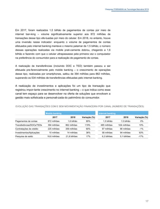 Pesquisa FEBRABAN de Tecnologia Bancária 2019
Em 2017, foram realizados 1,5 bilhão de pagamentos de contas por meio de
internet ban-king – volume significativamente superior aos 872 milhões de
transações desse tipo efe-tuadas por meio do celular. Em 2018, no entanto, houve
uma inversão nesse indicador: enquanto o volume de pagamentos de contas
efetuados pelo internet banking manteve o mesmo patamar de 1,5 bilhão, o número
dessas operações realizadas via mobile prati-camente dobrou, chegando a 1,6
bilhão e fazendo com que o celular ultrapassasse pela primeira vez o computador
na preferência do consumidor para a realização de pagamento de contas.
A realização de transferências (incluindo DOC e TED) também passou a ser
efetuada pre-ferencialmente pelo mobile banking – o crescimento de operações
desse tipo, realizadas por smartphones, saltou de 394 milhões para 862 milhões,
superando os 534 milhões de transferências efetuadas pelo internet banking.
A realização de investimentos e aplicações foi um tipo de transação que
registrou impor-tante crescimento no internet banking – o que indica como esse
canal tem espaço para se desenvolver na oferta de soluções que envolvam a
gestão mais sofisticada e personali-zada do patrimônio do consumidor.
EVOLUÇÃO DAS TRANSAÇÕES COM E SEM MOVIMENTAÇÃO FINANCEIRA POR CANAL (NÚMERO DE TRANSAÇÕES)
Mobile banking
2017 2018 Variação (%)
Pagamentos de contas 872 milhões 1,6 bilhão 80%
Transferências/DOCs/TEDs 394 milhões 862 milhões 119%
Contratações de crédito 225 milhões 359 milhões 60%
Investimentos/Aplicações 10 milhões 14 milhões 36%
Pesquisa de saldo 18,6 milhões 21,8 bilhões 17%
Internet banking
2017 2018 Variação (%)
1,5 bilhão 1,5 bilhão 0%
485 milhões 534 milhões 10%
87 milhões 86 milhões -1%
58 milhões 94 milhões 63%
6,2 bilhões 5,1 bilhões -17%
17
 