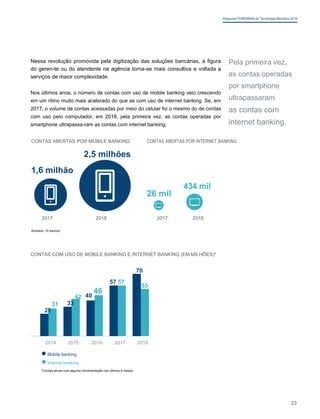 Pesquisa FEBRABAN de Tecnologia Bancária 2019
Nessa revolução promovida pela digitização das soluções bancárias, a figura
do geren-te ou do atendente na agência torna-se mais consultiva e voltada a
serviços de maior complexidade.
Nos últimos anos, o número de contas com uso de mobile banking veio crescendo
em um ritmo muito mais acelerado do que as com uso de internet banking. Se, em
2017, o volume de contas acessadas por meio do celular foi o mesmo do de contas
com uso pelo computador, em 2018, pela primeira vez, as contas operadas por
smartphone ultrapassa-ram as contas com internet banking.
Pela primeira vez,
as contas operadas
por smartphone
ultrapassaram
as contas com
internet banking.
CONTAS ABERTAS POR MOBILE BANKING CONTAS ABERTAS POR INTERNET BANKING
2,5 milhões
1,6 milhão
26 mil
434 mil
2017 2018 2017 2018
Amostra: 10 bancos
CONTAS COM USO DE MOBILE BANKING E INTERNET BANKING (EM MILHÕES)*
70
57 57
53
40
46
42
31 33
25
2014 2015 2016 2017 2018
Mobile banking
Internet banking
*Contas ativas com alguma movimentação nos últimos 6 meses
23
 