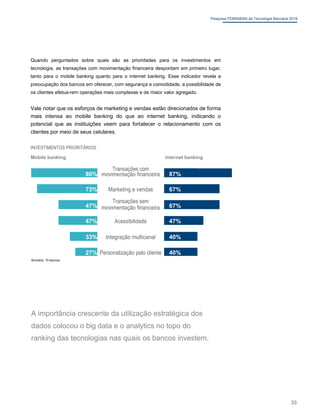 Pesquisa FEBRABAN de Tecnologia Bancária 2019
Quando perguntados sobre quais são as prioridades para os investimentos em
tecnologia, as transações com movimentação financeira despontam em primeiro lugar,
tanto para o mobile banking quanto para o internet banking. Esse indicador revela a
preocupação dos bancos em oferecer, com segurança e comodidade, a possibilidade de
os clientes efetua-rem operações mais complexas e de maior valor agregado.
Vale notar que os esforços de marketing e vendas estão direcionados de forma
mais intensa ao mobile banking do que ao internet banking, indicando o
potencial que as instituições veem para fortalecer o relacionamento com os
clientes por meio de seus celulares.
INVESTIMENTOS PRIORITÁRIOS
Mobile banking Internet banking
Transações com
80% 87%
movimentação financeira
73% Marketing e vendas 67%
Transações sem
47% 67%
movimentação financeira
47% Acessibilidade 47%
33% Integração multicanal 40%
27% Personalização pelo cliente 40%
Amostra: 15 bancos
A importância crescente da utilização estratégica dos
dados colocou o big data e o analytics no topo do
ranking das tecnologias nas quais os bancos investem.
33
 
